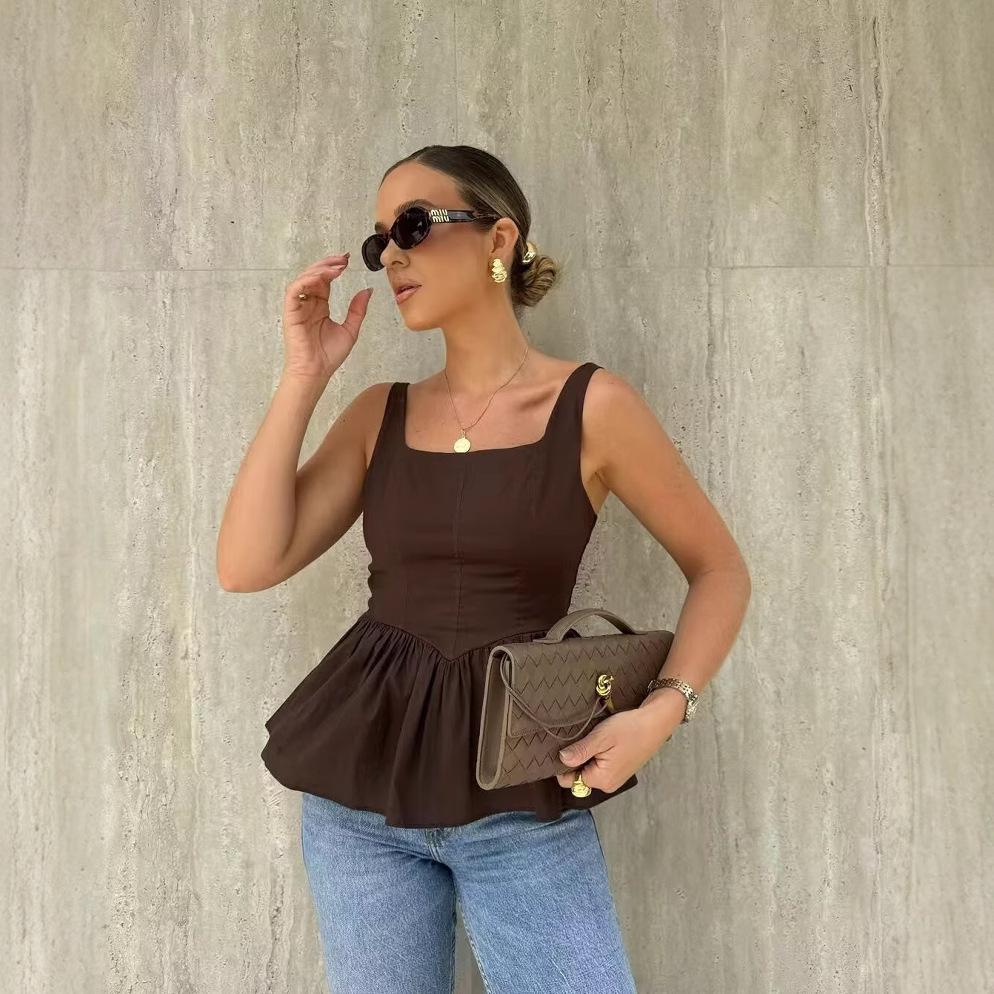 

Women s Summer 2025 French Square Neck Ruffled Hem Camisole Top Small