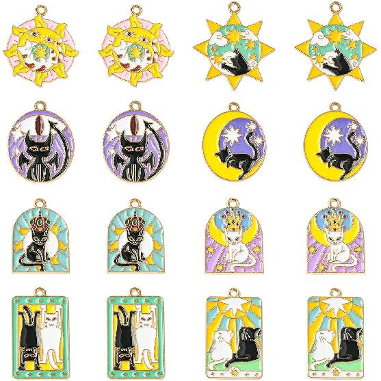 UR URLIFEHALL 40 Pcs 8 Styles Enamel Tarot Charms Colorful Tarot Card Charms Black White Cat Sun Moon Charms for Bracelet Necklace Earrings Jewelry