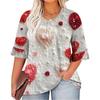 Women's Fashion Casual  Printed V-Neck Pleated Seven Minute Sleeve Ruffle Sleeve T-Shirt Plus Size Tops