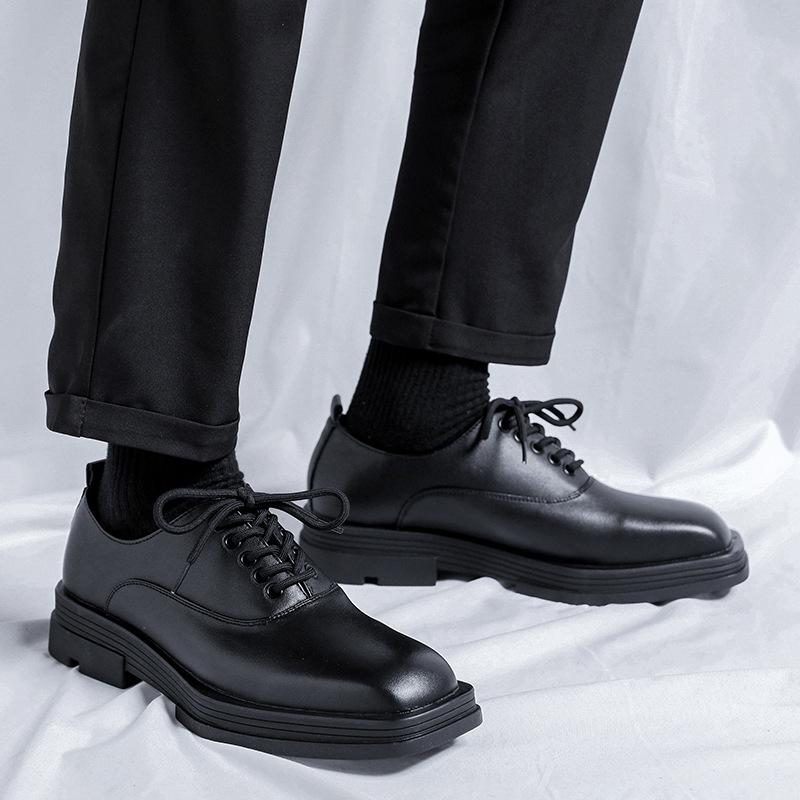 Men Fashion Square Toe Shoes Lace-up Oxfords Shoe Punk Rock Dress Black Stylish Genuine Leather Footwear  Designer Sneakers