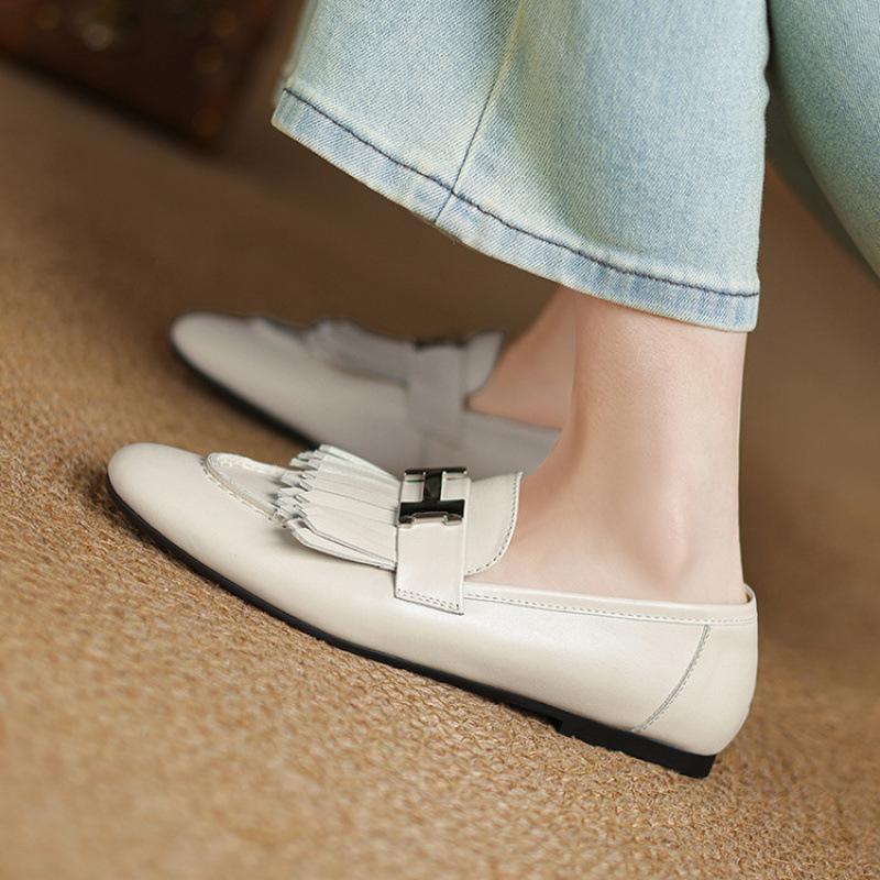 New solid color flat-bottomed loafers, comfortable and soft cowhide single shoes, low-heeled genuine leather women's shoes, cowhide soles, and large-