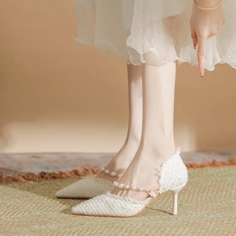 

Fashion Closed Toe Sandals Black Shoes for Women Clear Heels Shallow Mouth Beige Pointed Elastic Band Stiletto Comfort 2024 Retro Low 35 бежевый