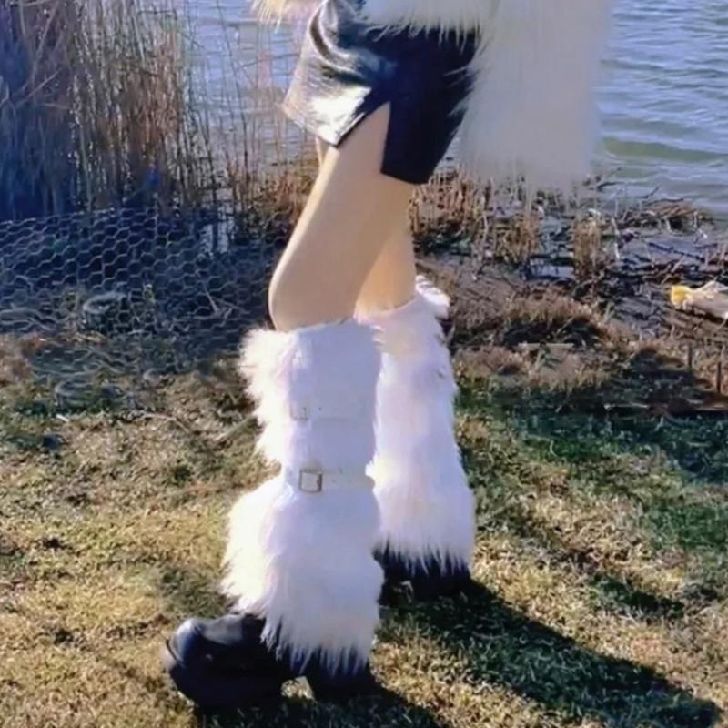 Women Furs Leg Warmer Winter Furry Long Boot Cuffs Fuzzy Shoe Cover Party Costume for Holiday Festival Performances Play