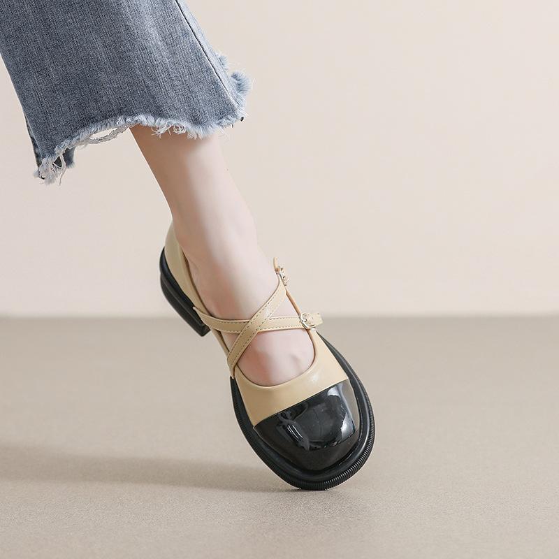 Mary Jane Schuhe mit dicker Sohle, Damen Colorblocking, kleine Lederschuhe im College-Stil, Blockabsatz, Einzelschuhe mit weicher Sohle