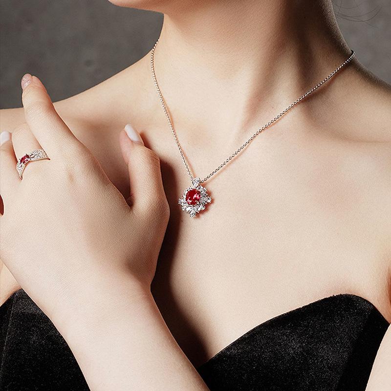 Xiancan Vintage Style 925 Silver Pigeon Blood Ruby Oval Halo Choker Necklace