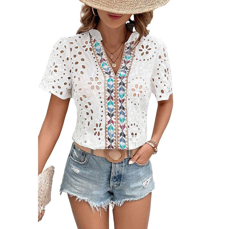 

Fashion Florals Hollow out V-neck Short Sleeve Chiffon Blouse Women 2025 Summer New Arrival Geometric Pattern Patchwork Pullover Women White Size XL fit (70.00 kg-75.00 kg