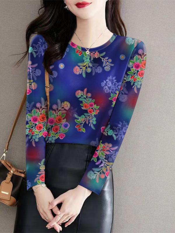 Stylish Floral Knit Long Sleeve Round Neck Tee for Middle-aged and Elderly - Milk Silk Base Layer