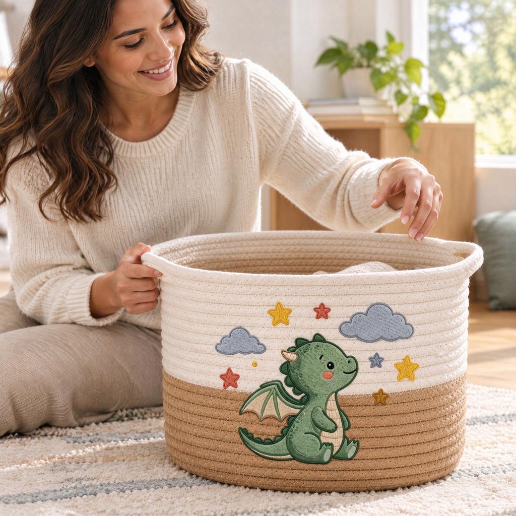 Dinosaur Embroidered Cotton Rope Storage Basket