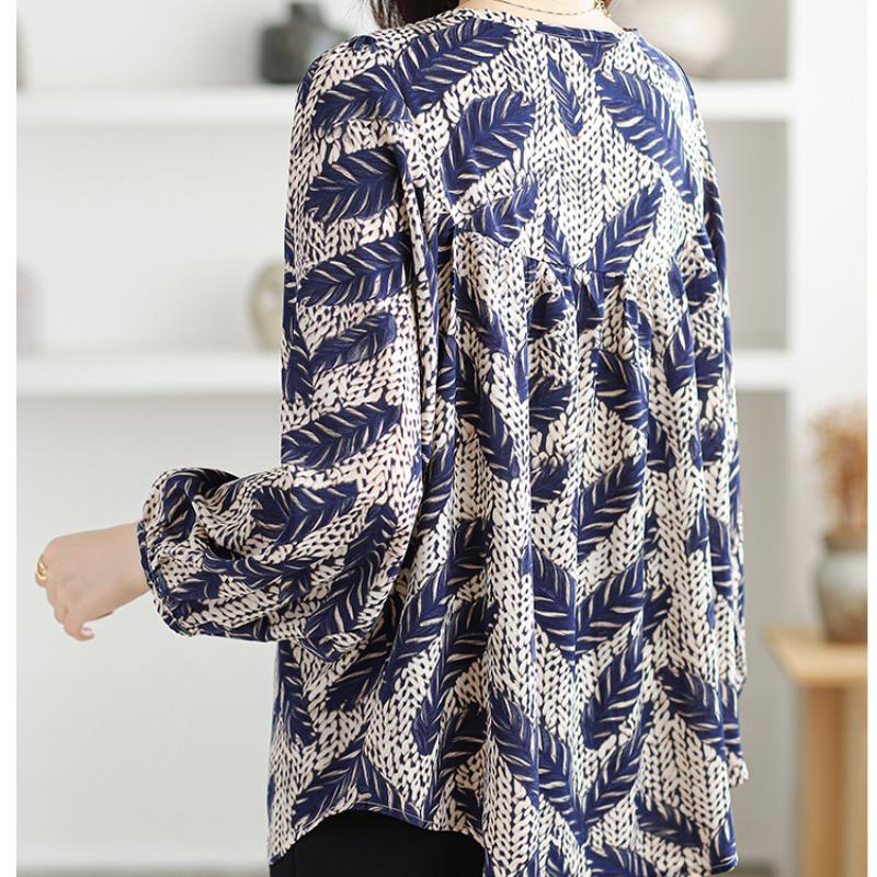 Fashion Elegant Casual Loose Chiffon Shirts Women Long Sleeve Tops Plus Size Women's Blouses Round Neck Slim Vintage Print Shirt Woman Clothing 26340