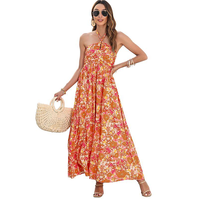 

American Shiying Vacation Style Florals Halterneck Dress Women s 2025 Summer New Arrival Loose Draping Effect Long Dress Orange P1420 L(Code fits (62.50 kg-70.00 kg)