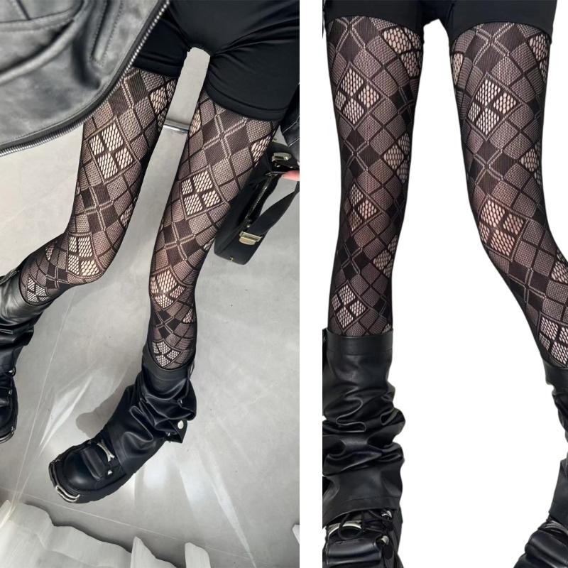 Women Japanese See Through Fishnet Pantyhose Stockings Gothic 90s Checkered Grid Pattern Bottoming Leggings Mesh Tights