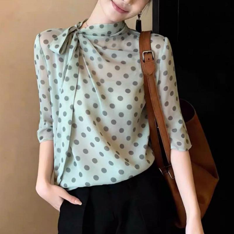 Women French Style Polka Dot Halter Three Quarter Sleeve Pullover Shirt S