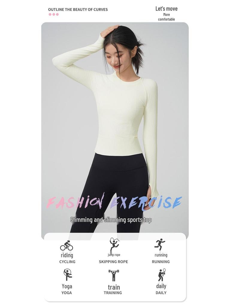 Women's Seamless Slimming Round Neck Long Sleeve Yoga Top - Breathable, Waist-Cinching Fitness Wear for Autumn and Winter
