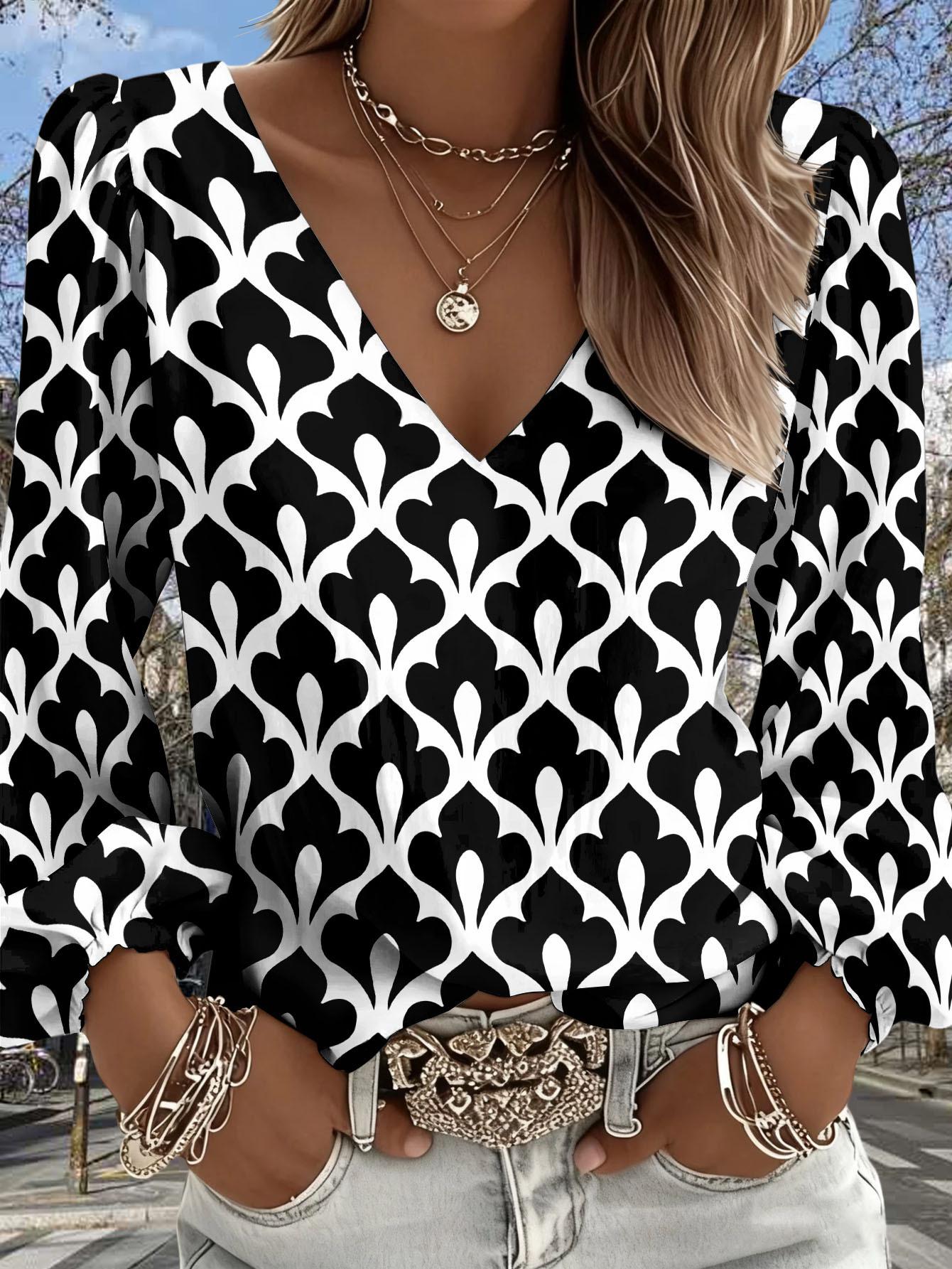 

Lady Bohemian Retro Western Style V-Neck Shirt - Long-sleeved blouse with lantern sleeves, suitable for casual outfits and vacations, casual shirt S