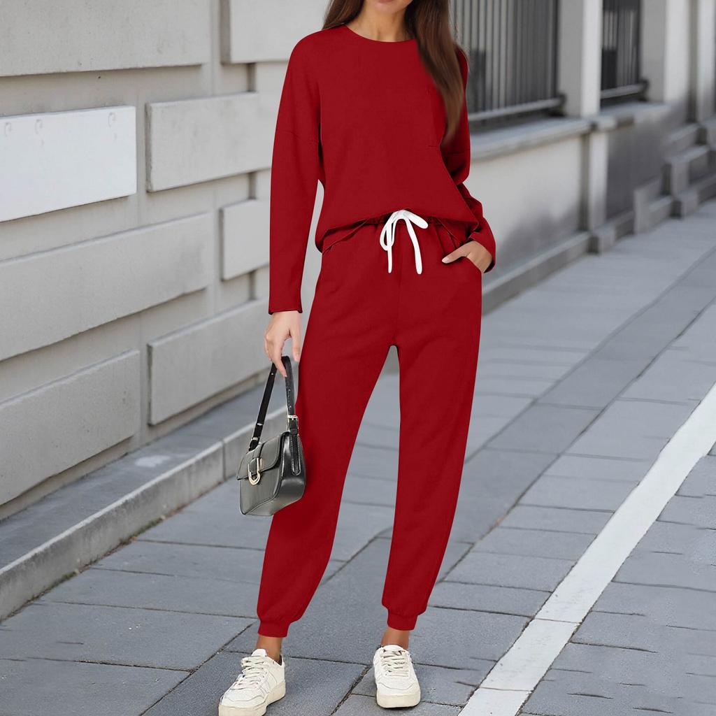 Sets For Women 2 Piece Round Neck Long Sleeve Shirts Colid Sweatpants Pocket Sets