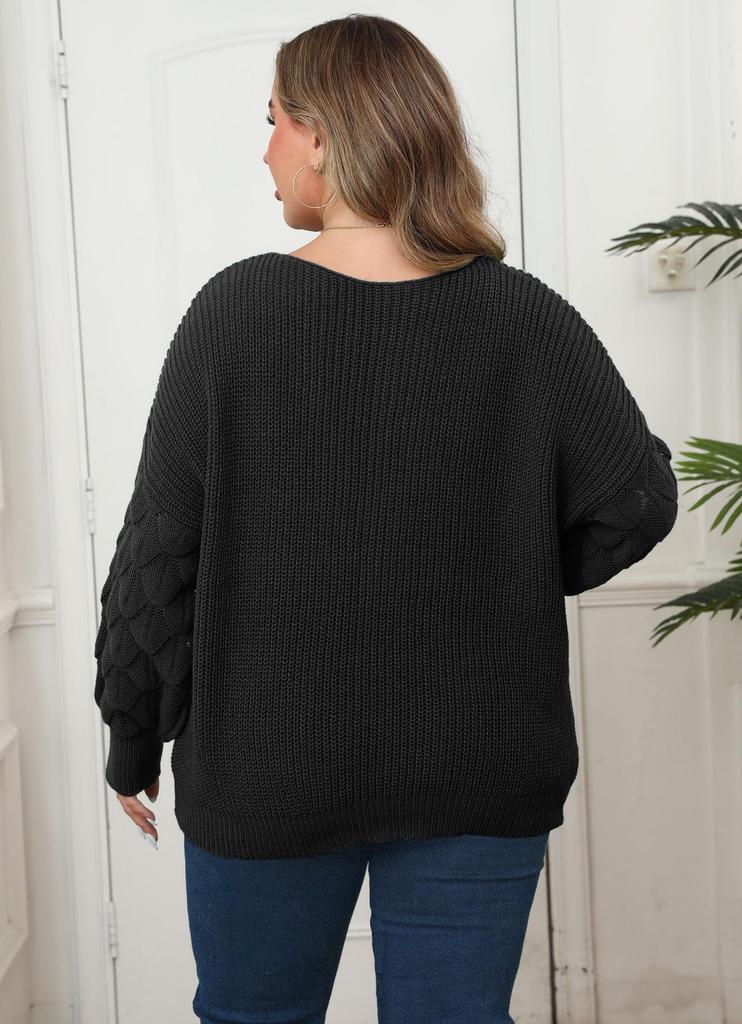 Plus Size V-Neck Knit Sweater with Pineapple and Lace Butterfly Sleeves