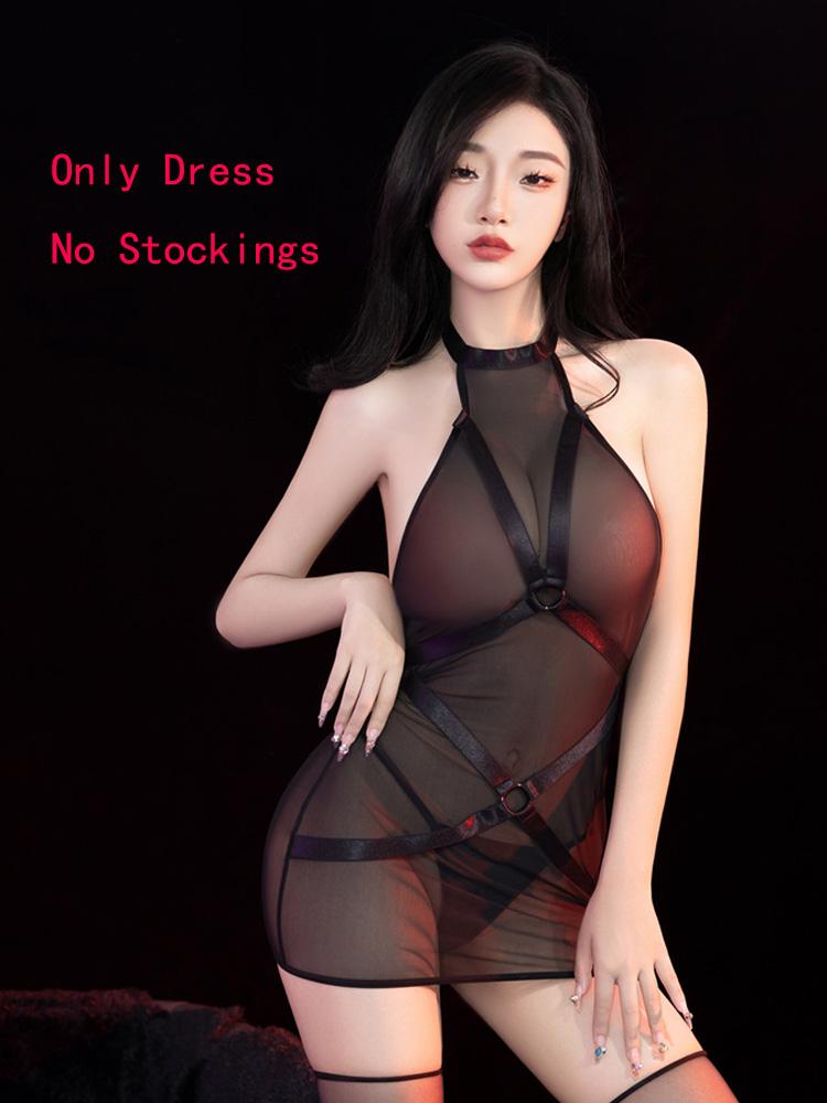 Sexy Women Cosplay Maid Mesh Micro Mini Dress Sheer See Through Bandage Tight Dress Hollow Out Hip Elastic Backless Dress