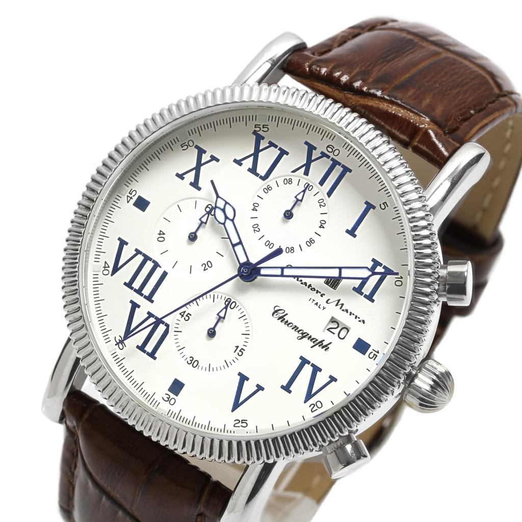 Klokke Chronograph Lærreim 5 ATM Vanntett Hvit Mørkebrun [Salvatore Mara] Herre SM19109-SSWHDBR2