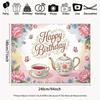 2D Flat Tea Party Happy Birthday Banner Floral Teacup & Butterfly Backdrop for Garden Tea Party