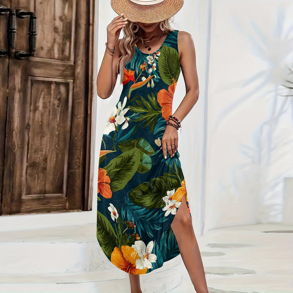 Women Sleeveless Casual Loose Fit Long Dress Tropical Floral Print Summer Beach Maxi Dress with Side Slit