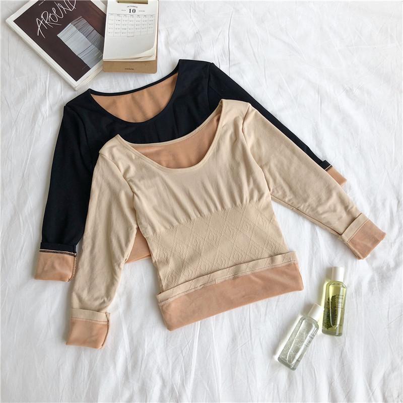 Women's Thermal Underwear Set: Long Sleeve Velvet Round Neck Top
