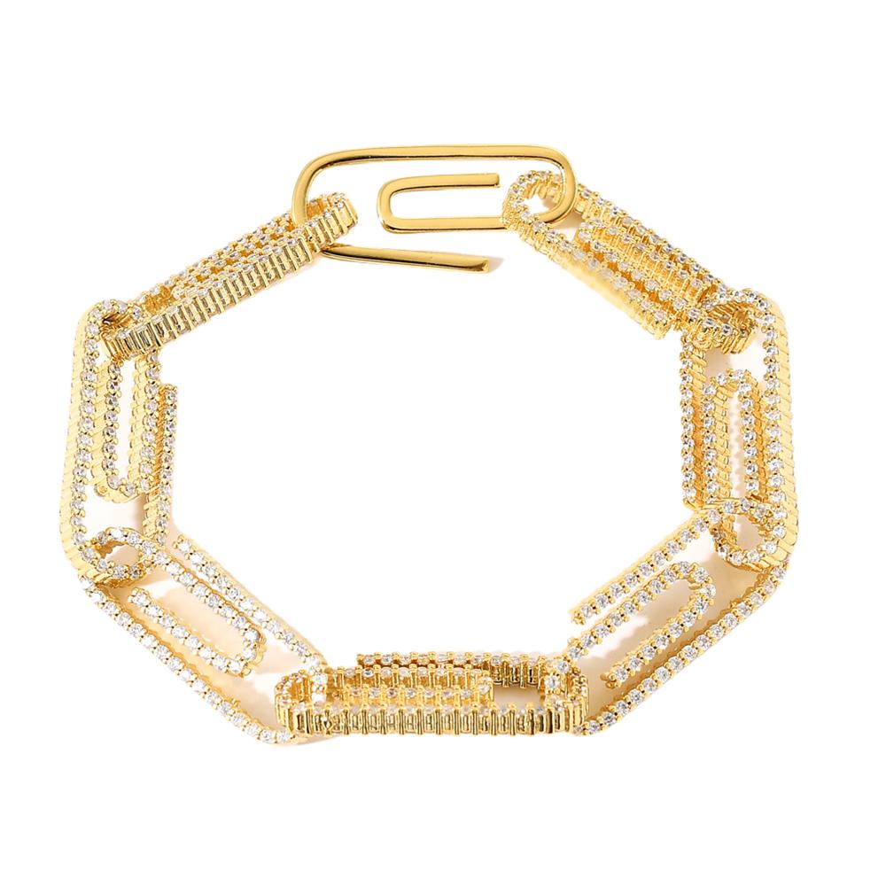 10mm Modisches Hip Hop Goldplattiertes Armband mit Iced Zirkonia Büroklammer Bling Einzigartige Messing Armreifen für Jubiläumspartys