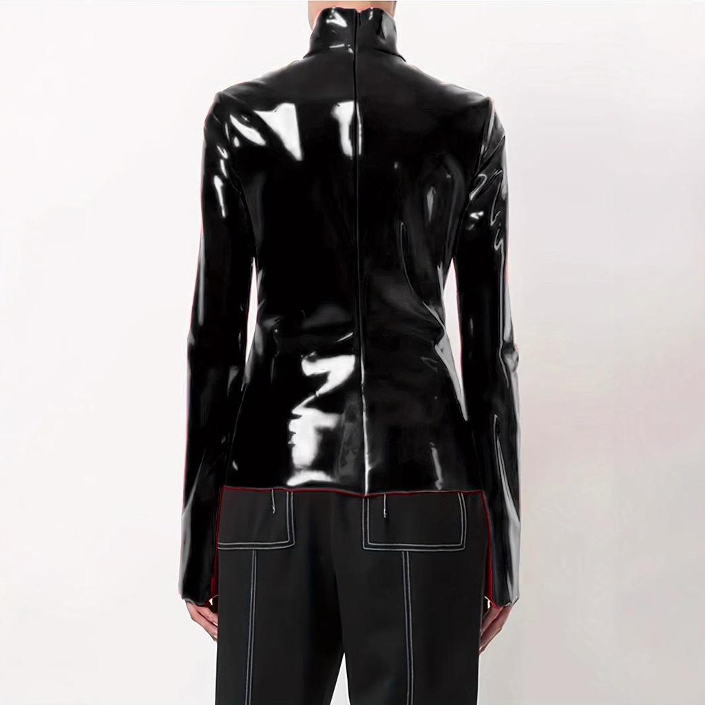 Women's European & American Mirror Leather Nightclub Zipper T-Shirt