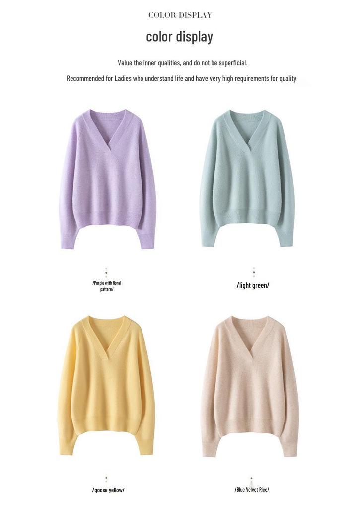 Women's Cashmere V-Neck Sweater - Thick, Loose, Solid Color for Autumn/Winter