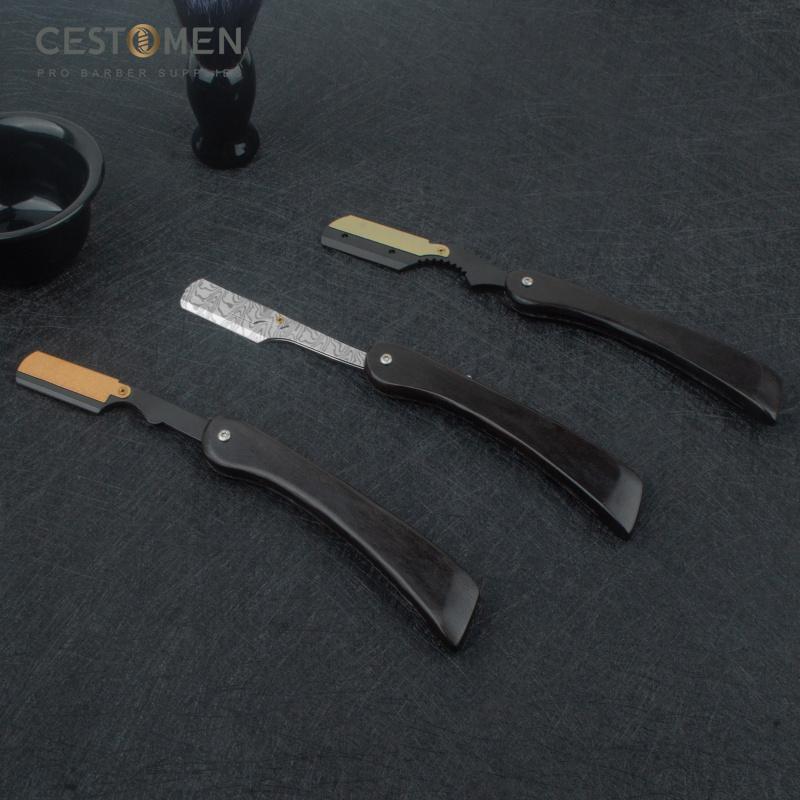 CESTOMEN Einschneidiger Rasierer aus silbernem Edelstahl mit schwarzem Holzgriff, klassischer gerader Rasierer für die Herrenrasur