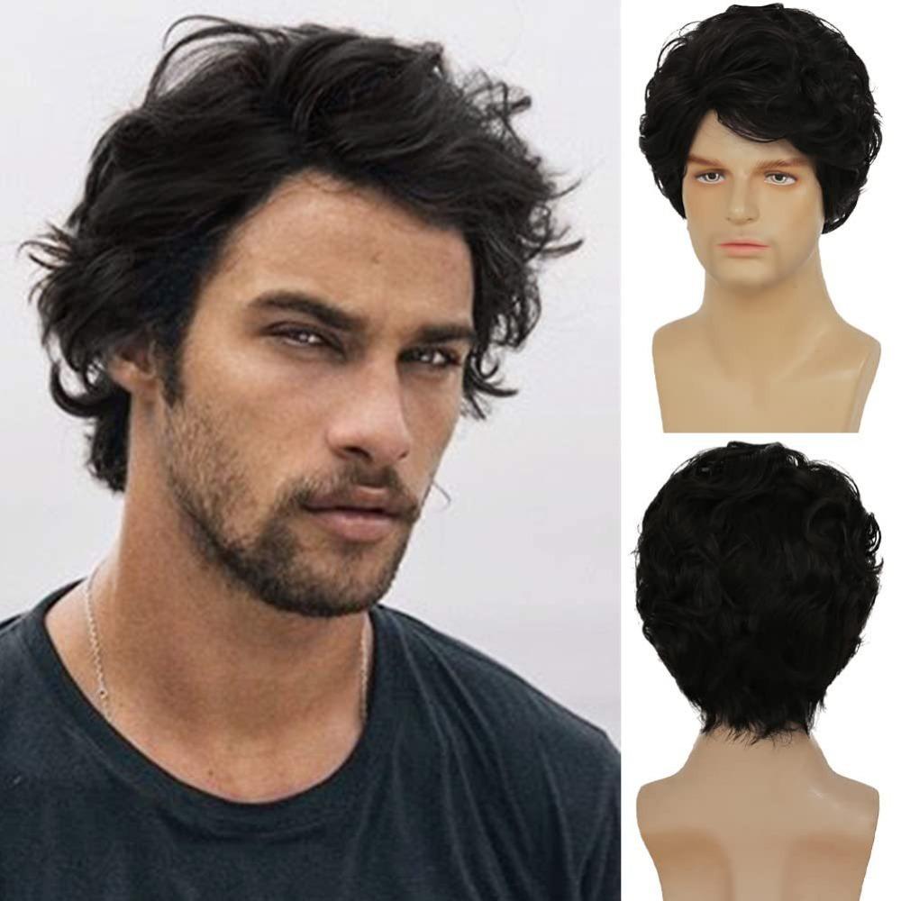 Men's black multi-layered fluffy natural split short curly wig