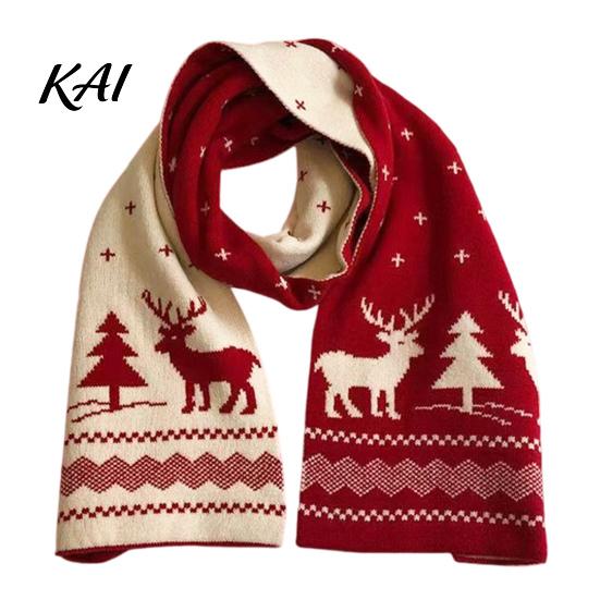 Decorative Festive Winter Scarf Knitted for Women, Reversible Fair Isle Snowflake Reindeer Thermal Wind Resistant Scarf, Soft Warm Long Wrap Christmas