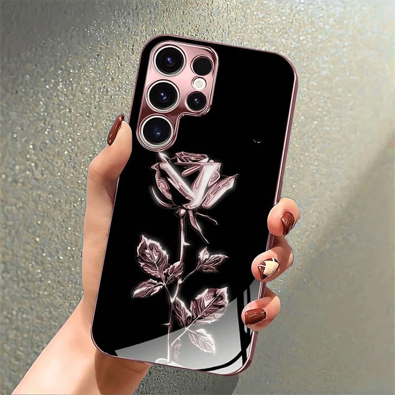 Rose Golden Pattern Pink Metallic Tempered Glass Phone Case For iPhone 17 16 15 14 13 12 11 Pro Max 15 Plus 17 Air 17E Cover