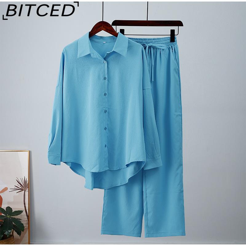 BITCED Herbst und Winter Locker Stretch Knitterhemd Langarm Weitbeinige Hose Freizeitanzug Damen Zweiteiler