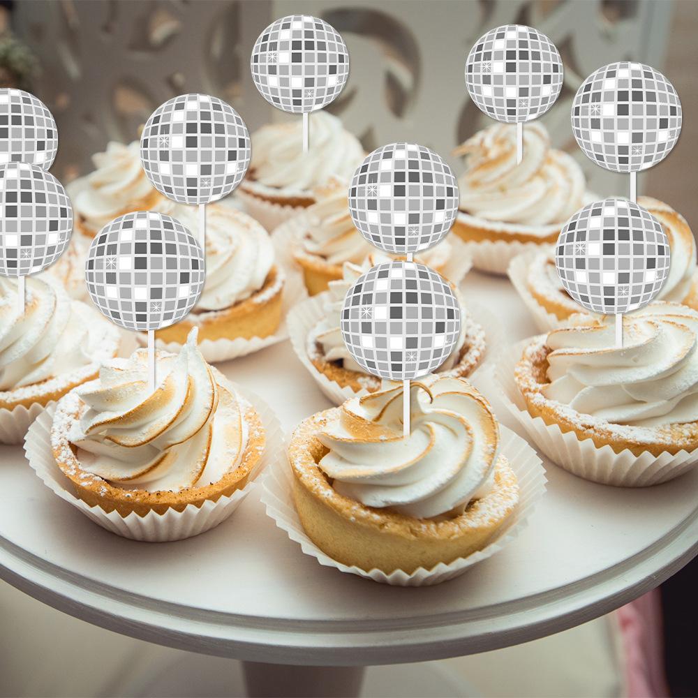 12/24pcs Glitter Mirror Disco Ball Cake Toppers 1970s Silver Ball Cake Picks Disco Theme Dance Birthday Bachelorette Party Decor