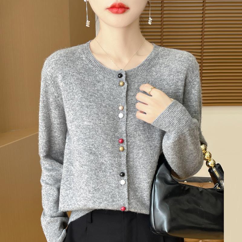 Spring and Autumn New Andy Velvet Cardigan Color Button Knitted Cardigan Women's Crew Neck Loose Sweater Jacket Soft Waxy Versatile Top