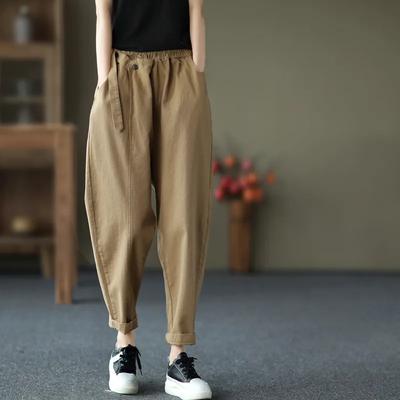 Retro Bomull Casual Byxor Dam Vår Elastisk Midja Lös Allround Haremsbyxor