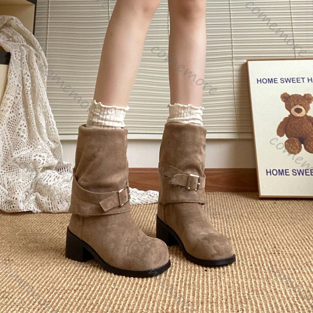 Comemore Plateforme Talon Épais Femmes Bottes Western Cowboy à Enfiler Pliées Pile Bottines Longues Chaussures Féminines Automne Hiver