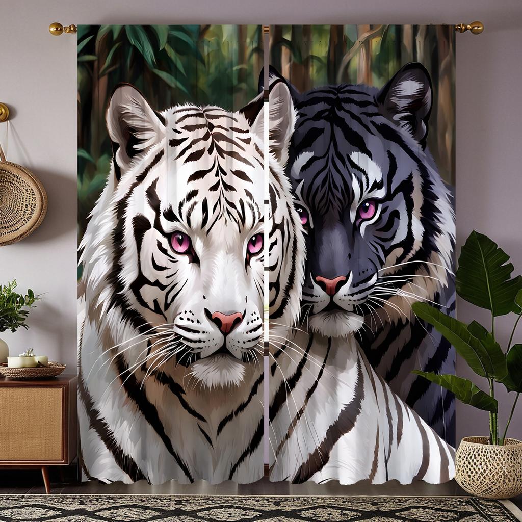 2pcs HD white Siberian tiger decorative curtain White tie digital printed curtain home decoration style decoration living roo