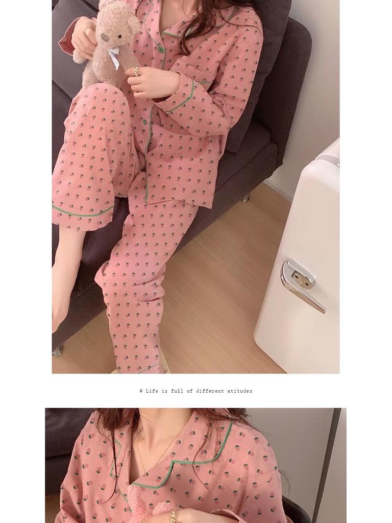 Strawberry Print Long-Sleeve Pajama Set