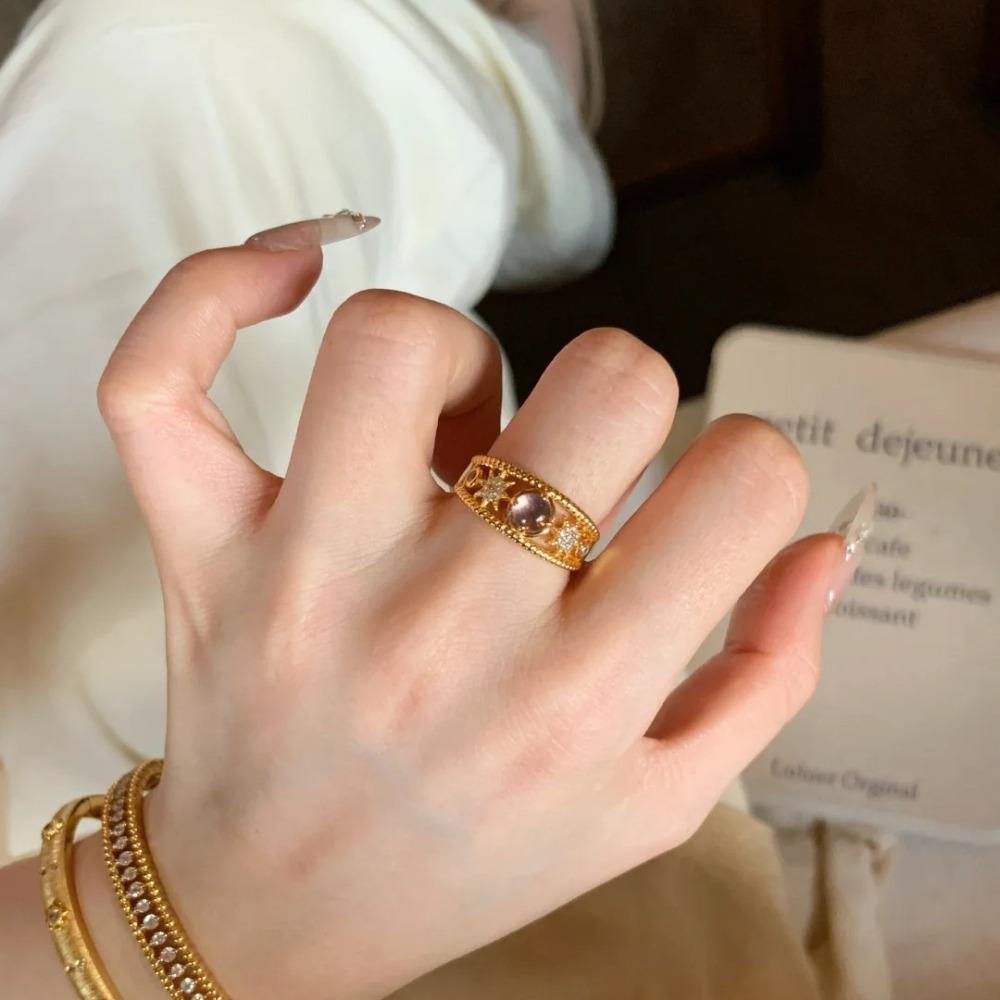 Luxury Open Ring Natural Amethyst Crystal French Vintage Design Elegant Adjustable Women Fashion Jewelry Gift