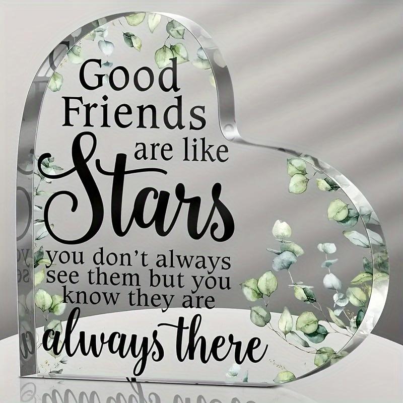 2D Fla"Good Friends Are Like Stars" Heart-Shaped Acrylic Friendship Decoration Plaque, Green Leaf Design, Suitable for Wall Decoration, Porch, Room, V
