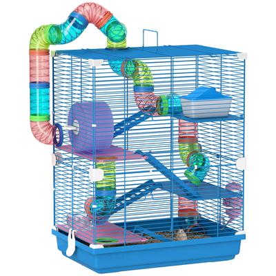Hamster Cage with Tunnel, Platforms, Bowl, Water Bottle, House, Ramps and Exercise Wheel, 46x30x58 Cm, Blue