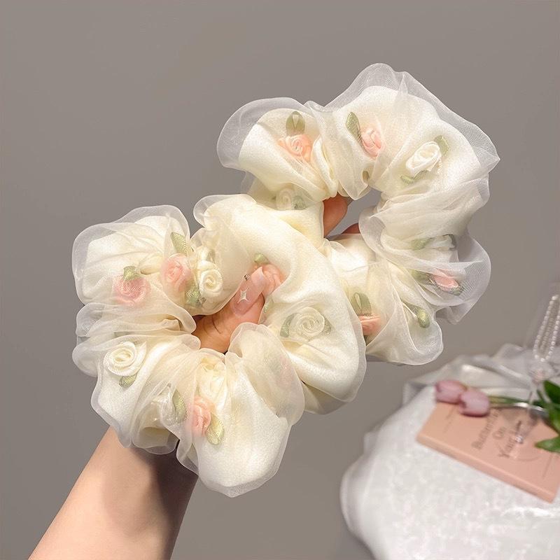 Rose Large Fat Intestine Hair Band Double-Layer Organza Head Flower Hair Band High Value Ponytail Hair Accessories