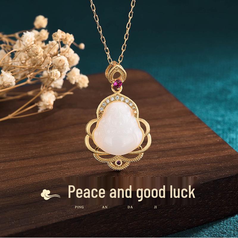 

Guochao Gold-Plated Necklace with Imitation Hetian Jade Buddha Pendant