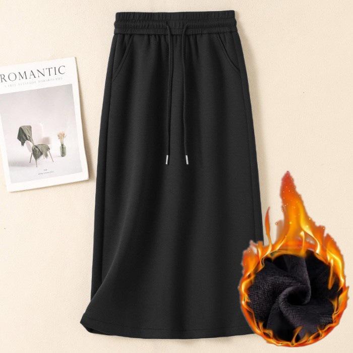 Women's Autumn/Winter Fleece-Lined or Regular Midi Skirt Sweatshirt Dress, Plus Size, Elastic Waist with Drawstring