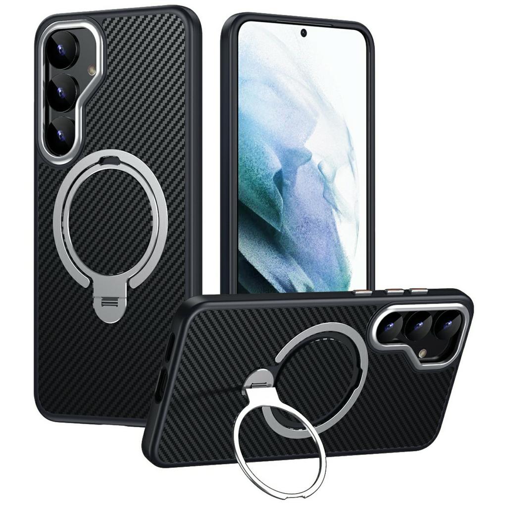 For Samsung Galaxy S25 Case Compatible with MagSafe PC+TPU Phone Cover Ring Holder Carbon Fiber Texture