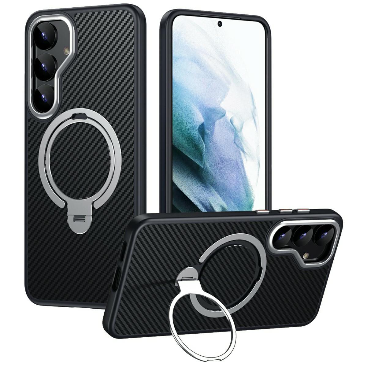 

For Samsung Galaxy S25+ Case Compatible with MagSafe PC+TPU Phone Cover Ring Holder Carbon Fiber Texture Black/Silver