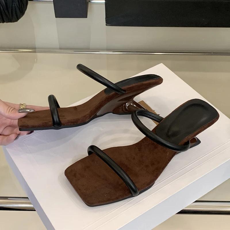 

Fashion Comfort Square Toe Wedges Slippers Women Fashion Sexy Open Toe Narrow Band Design Slide Sandals Elegant Party Zapatos Para Mujer 35 чёрный