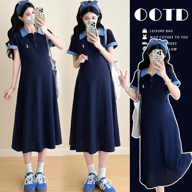 

Fashionable French Polo Collar Maternity Dress - Loose, Plus Size Color Block for Summer XL