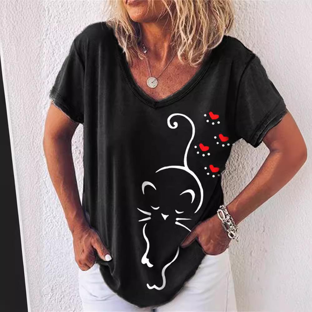 Women's Casual T-shirt Top New V-neck T-shirt Loose Short Sleeved 3D Digital Printed Cat Pattern T-shirt